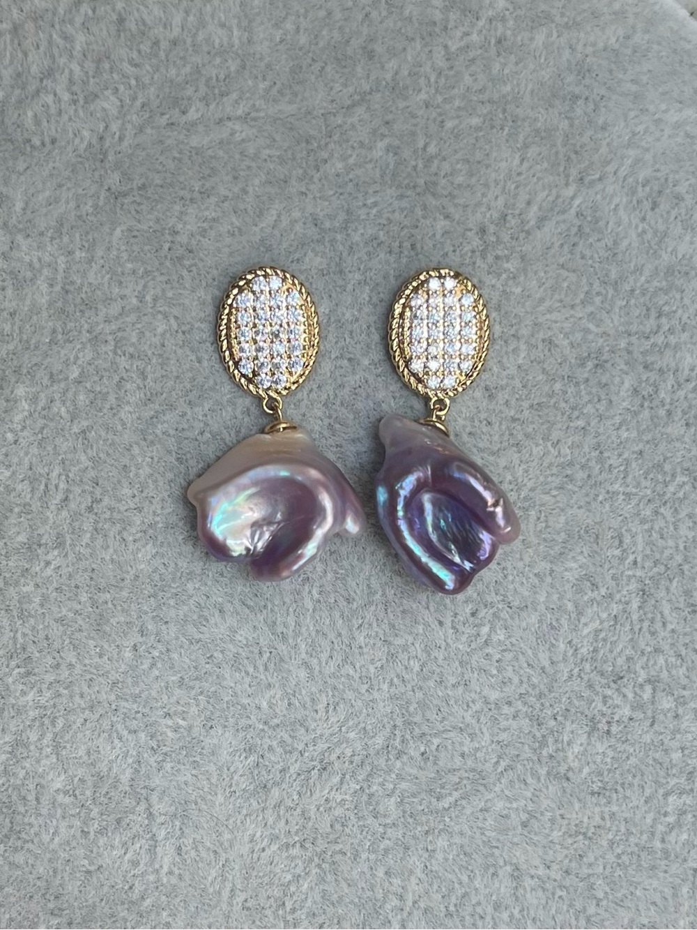 Gold Crystal PavƩ Earrings with Iridescent Purple Baroque Pearls -925 posts